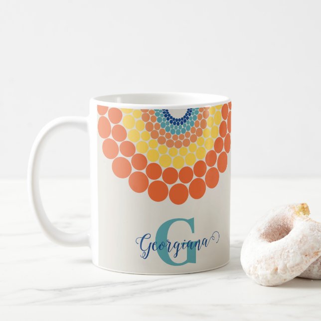 Monogrammed Radiant Aegean Summer Dot Mandala Coffee Mug (With Donut)