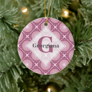 Monogrammed Radiant Dusky Rose Dot Mandala Tiled Ceramic Ornament