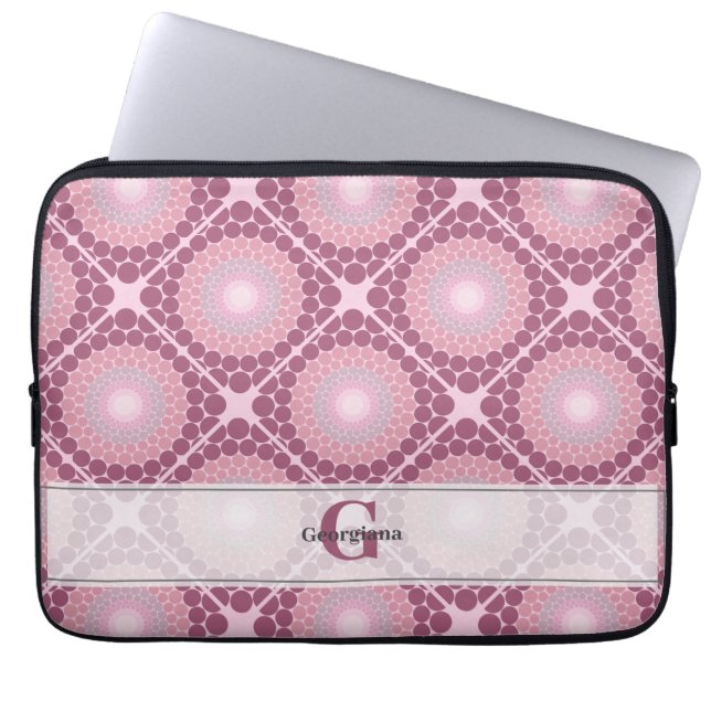 Monogrammed Radiant Dusky Rose Dot Mandala Tiled Laptop Sleeve (Front)