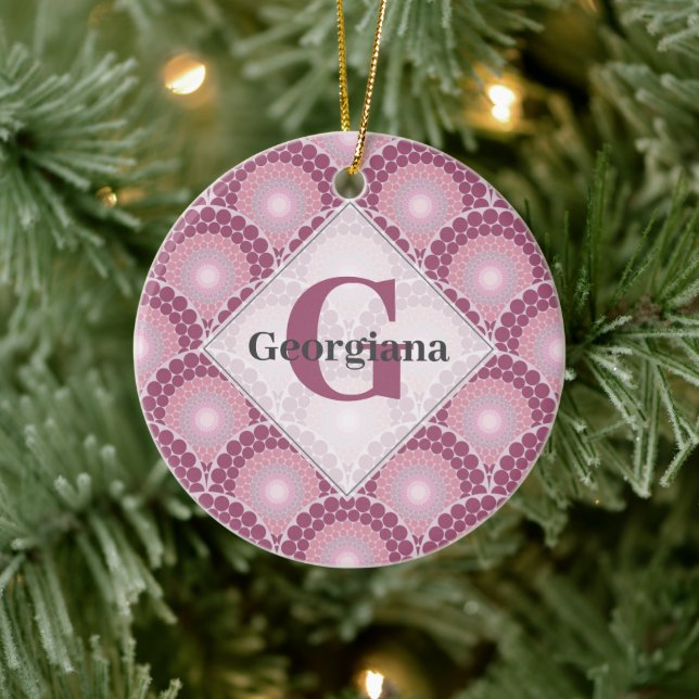 Monogrammed Radiant Pinks Dusky Rose Dot Mandala Ceramic Ornament (Tree)