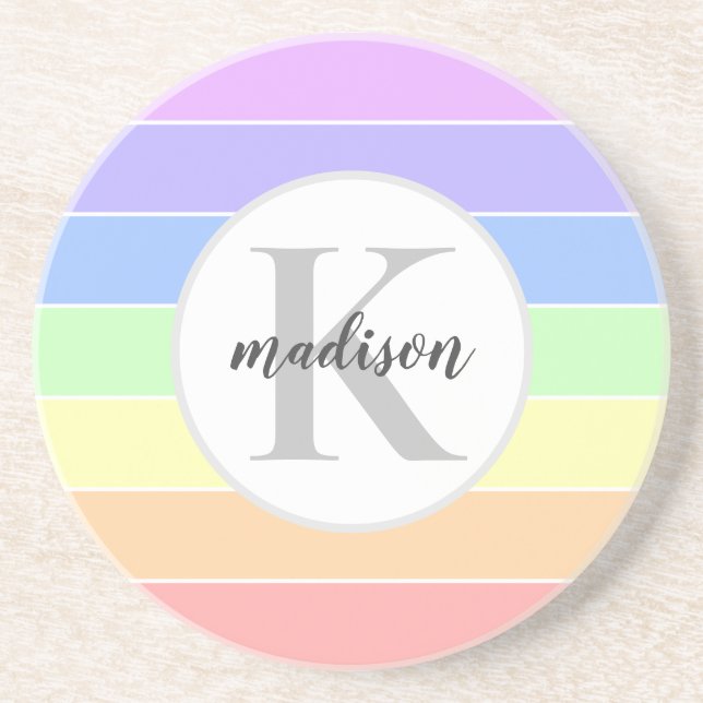 Monogrammed Rainbow Colourful Stripes Pattern Coaster (Front)