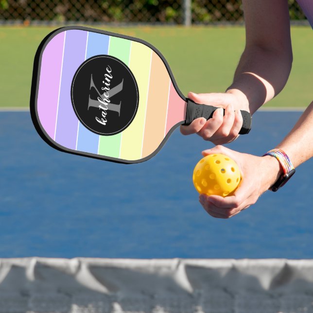 Monogrammed Rainbow Colourful Stripes Pattern Pickleball Paddle (Insitu)