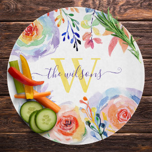 Monogrammed Rainbow Floral Cutting Board