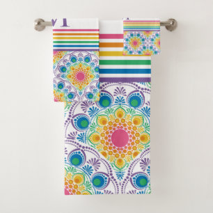 Monogrammed Rainbow Floral Fountain Art Deco Scale Bath Towel Set