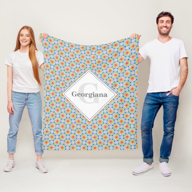 Monogrammed Rainbow Floral Mandala Art Deco Fans Fleece Blanket (In Situ)