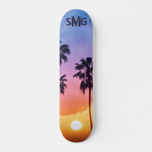 Monogrammed Rainbow Sun Palm Tree Personalised Skateboard