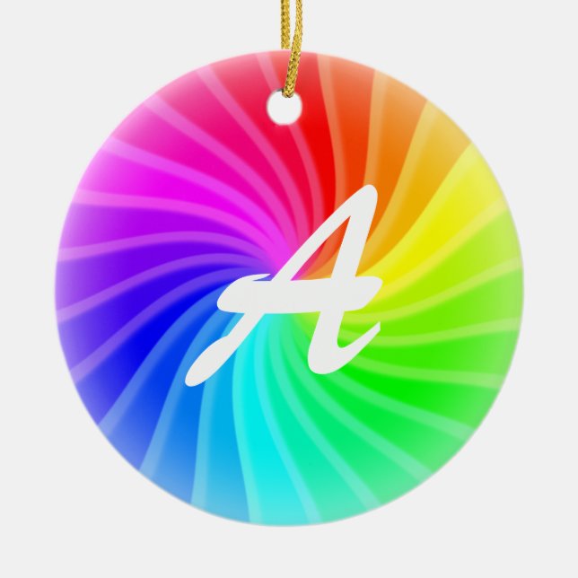 Monogrammed Rainbow Twirl Ceramic Ornament (Front)