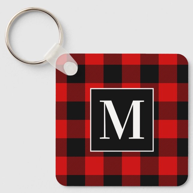 Monogrammed Red and Black Buffalo Plaid Photo Key Ring (Front)