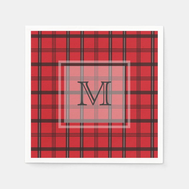 Monogrammed Red and Black Tartan Plaid Napkin (Front)