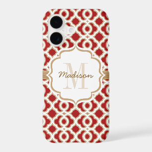 Monogrammed Red and Gold Quatrefoil