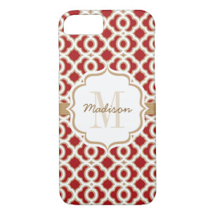 Monogrammed Red and Gold Quatrefoil iPhone 8/7 Case