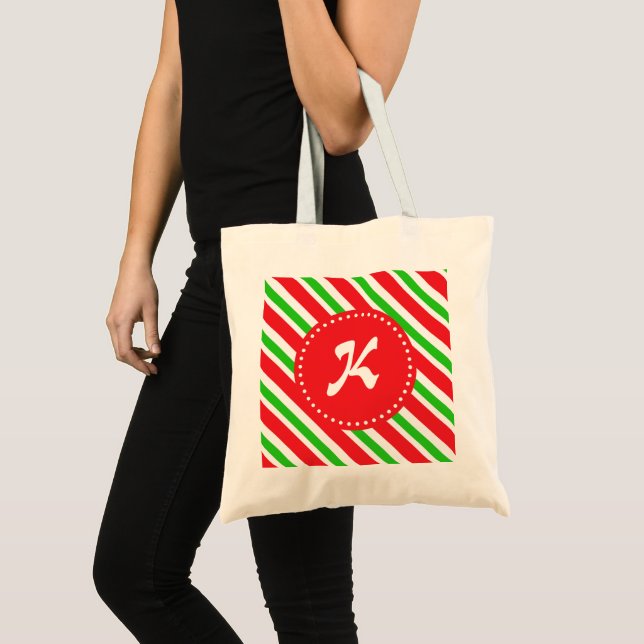 Monogrammed Red and Green Stripes Pattern Tote Bag (Front (Product))