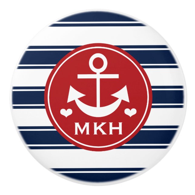 Monogrammed Red and Navy Anchor Ceramic Knob (Front)