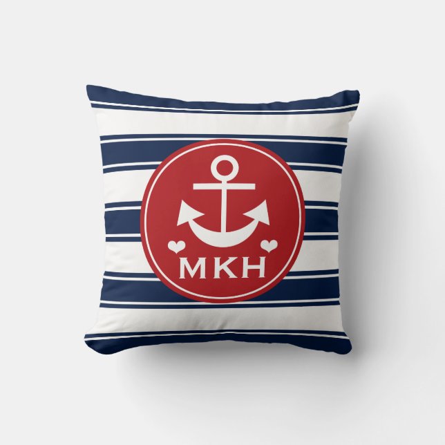 Monogrammed Red and Navy Blue Anchor Cushion (Front)