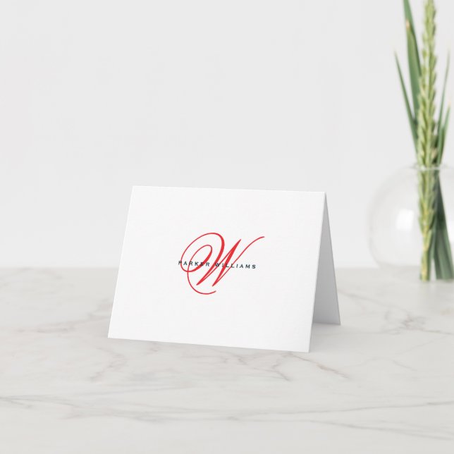Monogrammed Red and Navy folded  Thank You Card (Front)