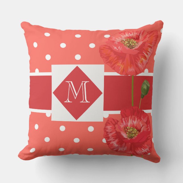 Monogrammed Red and Peach Poppy Garden Cushion (Front)