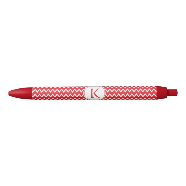Monogrammed Red and White Chevron Pattern Black Ink Pen (Front)