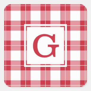 Monogrammed Red and White Plaid Pattern Square Sticker