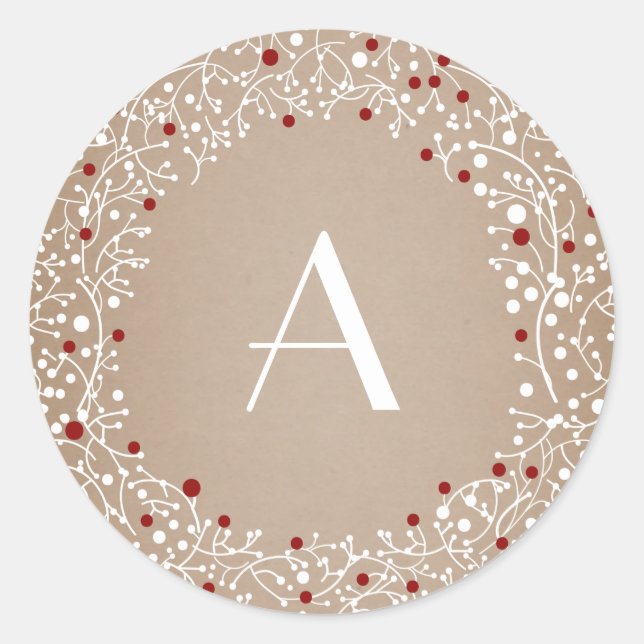 Monogrammed Red Berries Wreath Christmas Holiday Classic Round Sticker (Front)