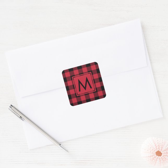 Monogrammed Red Black Buffalo Plaid Pattern Square Sticker (Envelope)