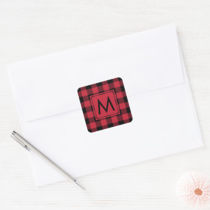 Monogrammed Red Black Buffalo Plaid Pattern Square Sticker