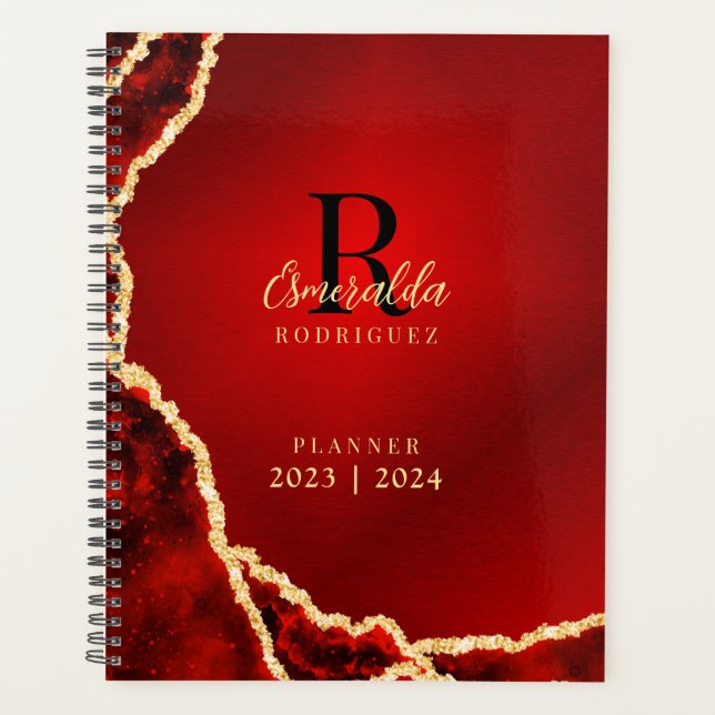 Monogrammed Red Black Gold Agate 2023 2024 Elegant Planner (Front)
