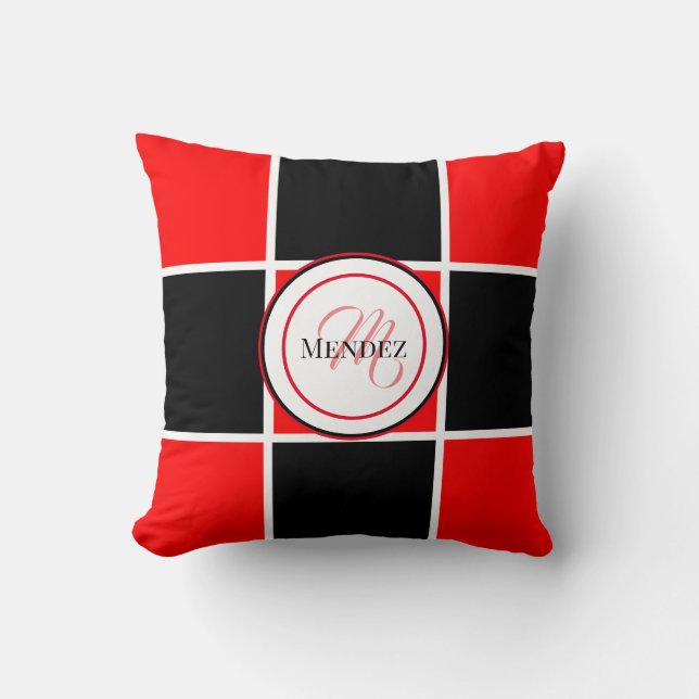 Monogrammed Red / Black Throw Pillow (Front)