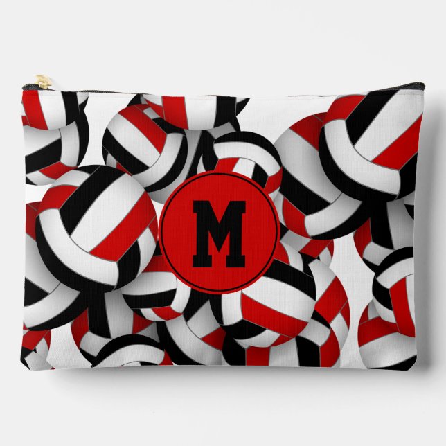 Monogrammed red black volleyballs pattern  accessory pouch (Front)
