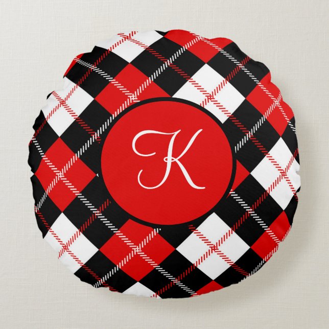 Monogrammed Red Black White Argyle Plaid Round Cushion (Front)