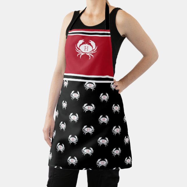 Monogrammed Red Black White Crab Nautical Apron (Insitu)