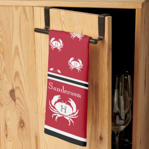 Monogrammed Red Black White Crab Nautical Apron Ki Tea Towel