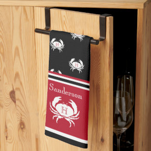 Monogrammed Red Black White Crab Nautical Apron Tea Towel
