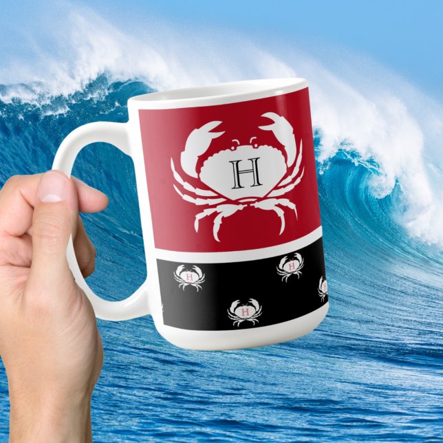 Monogrammed Red Black White Crab Nautical Coffee M Coffee Mug (Creator Uploaded)