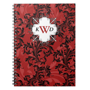 Monogrammed Red Black White Scrolls Notebook