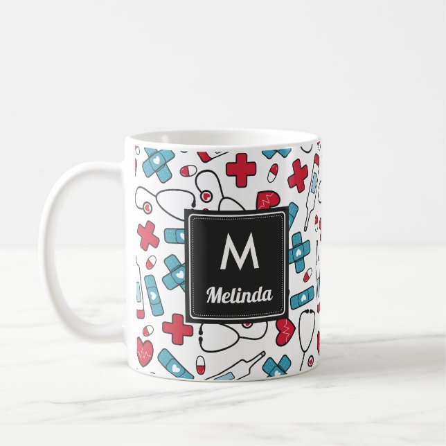 Monogrammed Red Blue Nurse Pattern Coffee Mug (Left)