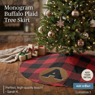 Monogrammed Red Buffalo Plaid Christmas Brushed Polyester Tree Skirt
