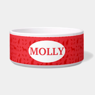 Monogrammed Red Cat and Dog Pattern Food Bowl