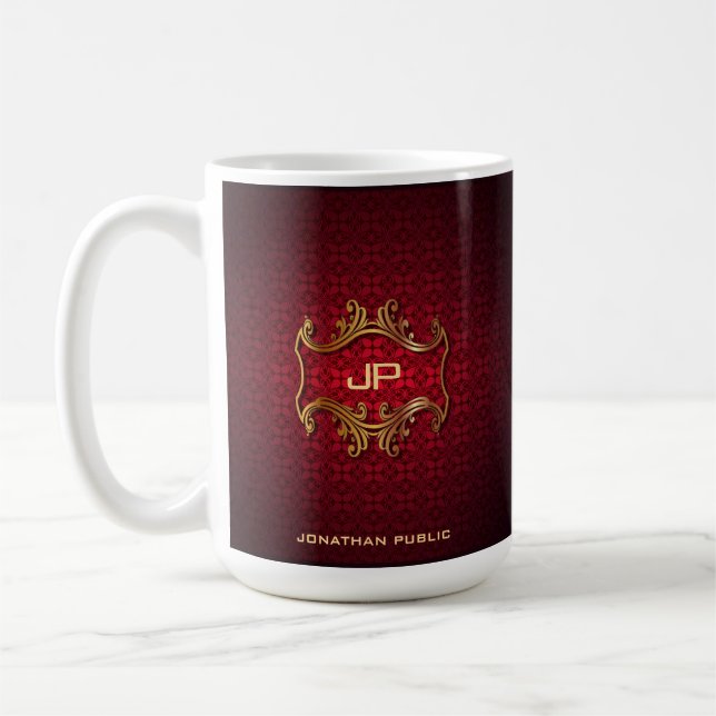 Monogrammed Red Damask Classic Elegant Template Coffee Mug (Left)