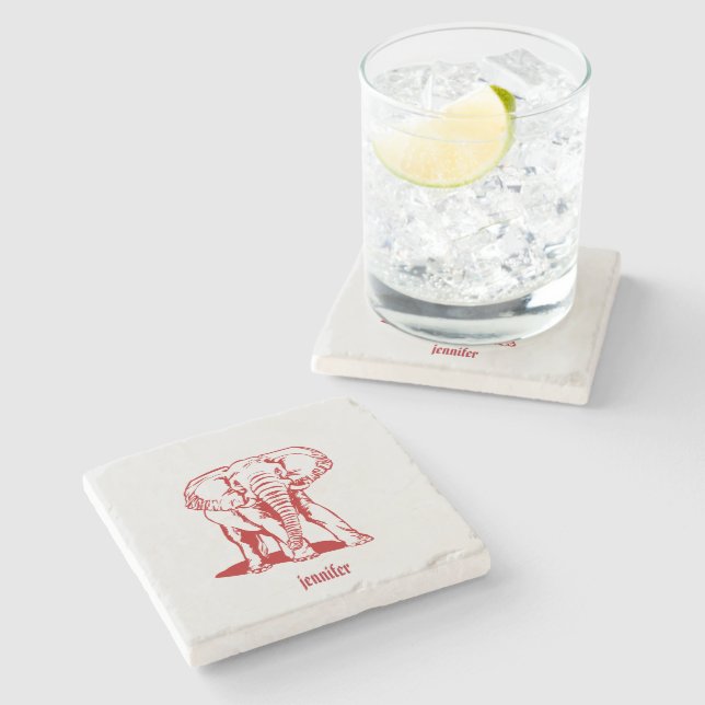 Monogrammed Red Elephant Stone Coaster (Side)