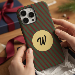 Monogrammed Red & Green Retro Striped Gold Circle iPhone 16 Pro Max Case