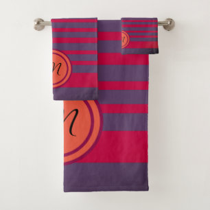 Monogrammed Red Grey Stripes Bathroom Towel Set