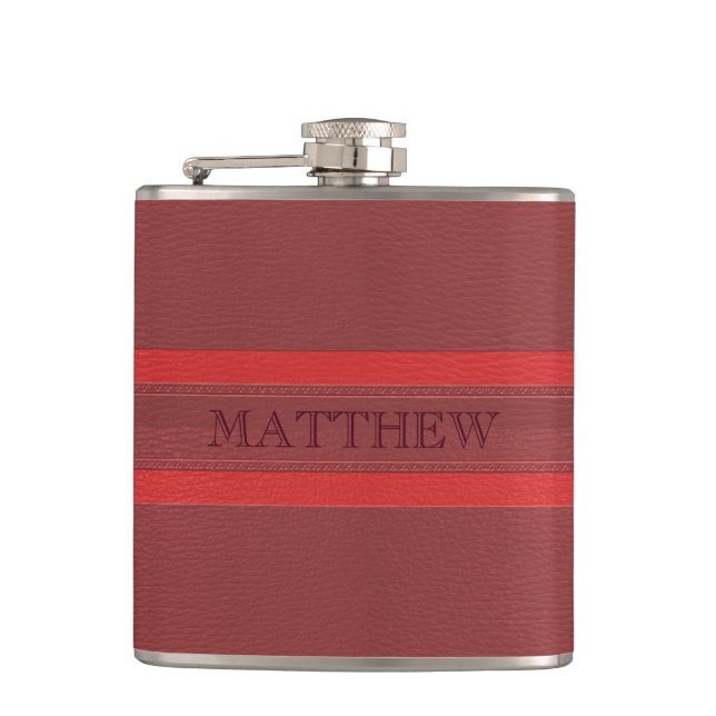 Monogrammed Red Leather Hip Flask (Front)
