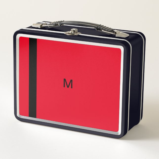 Monogrammed Red Modern Stylish Metal Lunch Box (Front)