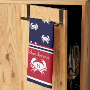 Monogrammed Red  Navy Blue White Crab Nautical  Ki Tea Towel