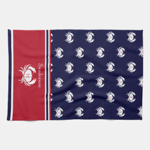 Monogrammed Red Navy Blue White Crab Nautical Tea Towel