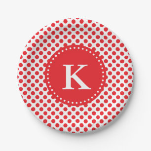 Monogrammed Red on White Polka Dot Paper Plate