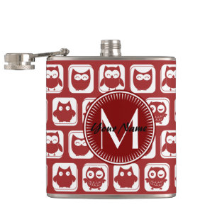 Monogrammed Red Owls, Personalised Name Hip Flask