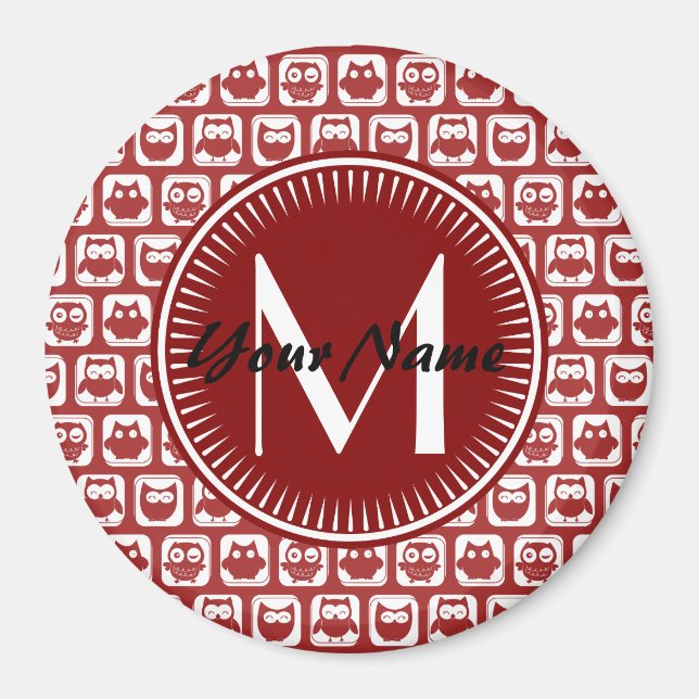 Monogrammed Red Owls, Personalised Name Magnet (Front)