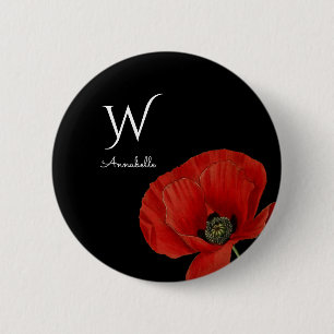 Monogrammed Red Poppy on Black Simple 6 Cm Round Badge