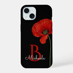 Monogrammed Red Poppy on Black Stylish iPhone 15 Case